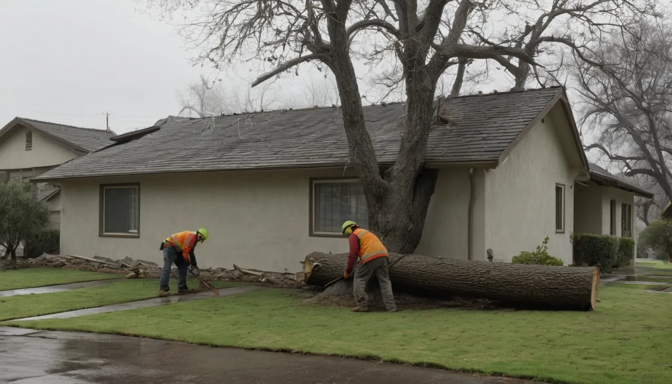 Provider clearing a fallen tree from a stucco ranch home yard in San Jose after a storm