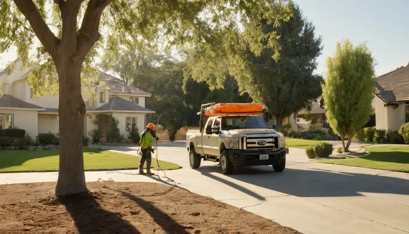 A tree removal provider working safely on a large backyard tree near a stucco home in San Jose