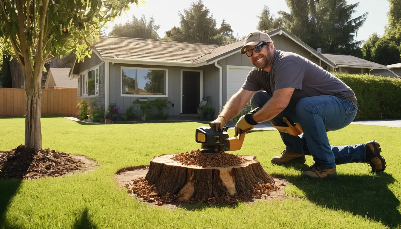 Provider operating a stump grinder in a backyard in San Jose while a homeowner watches from a safe distance